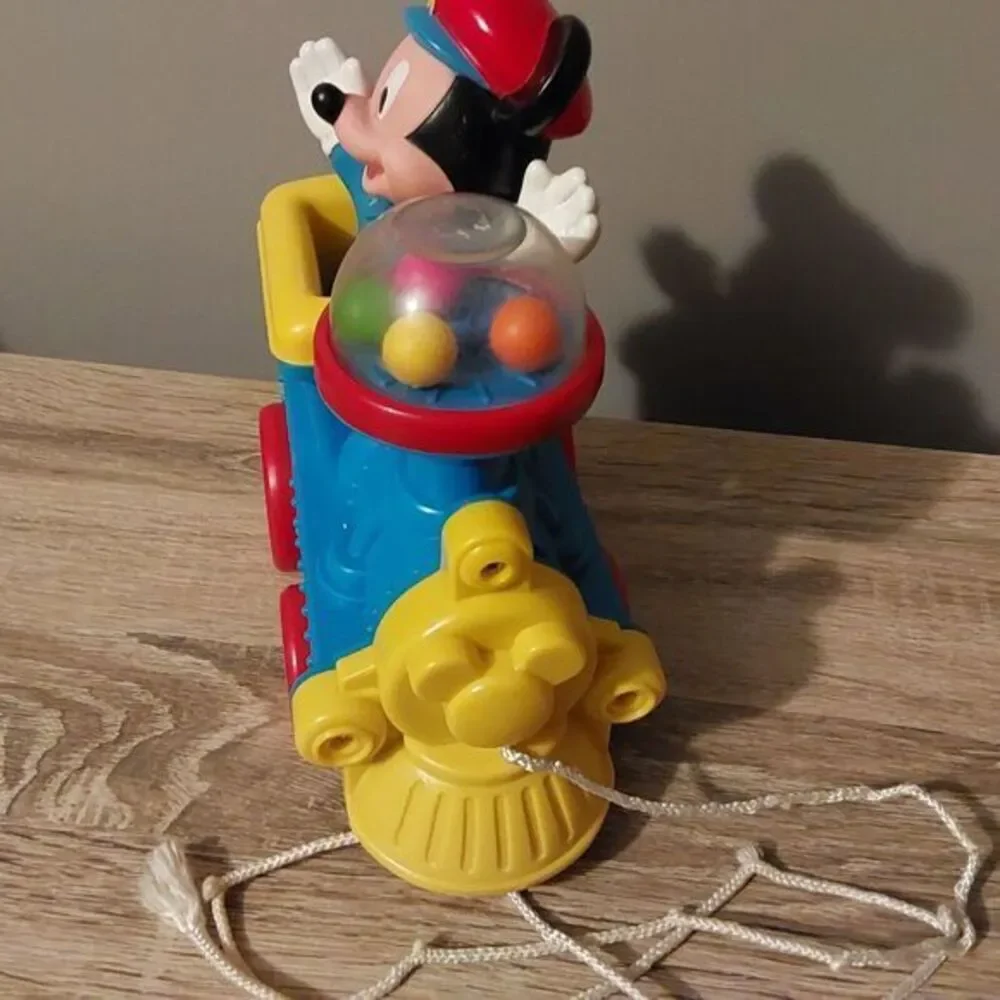 Vintage Plastic Disney Mickey Mouse on Train Pull‎ Toy Balls Pop Up when pulled